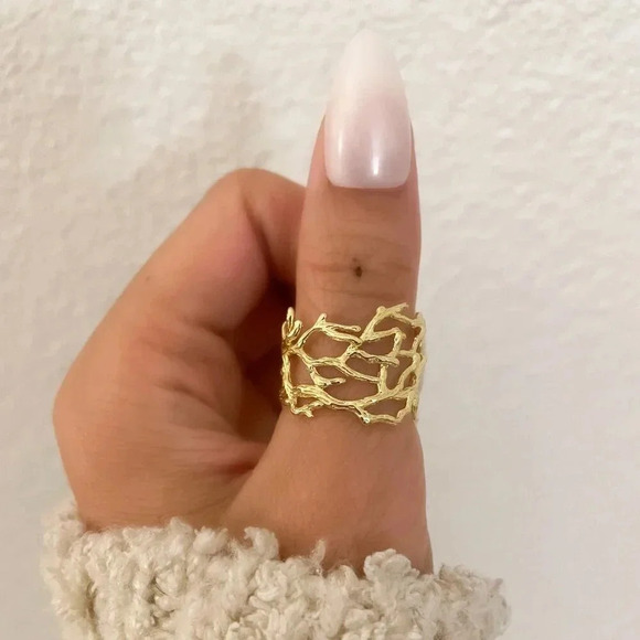 925 Sterling Silver Gold Textured Ring Vine Coral Tree Branch Ring Boho Ring - Picture 8 of 9